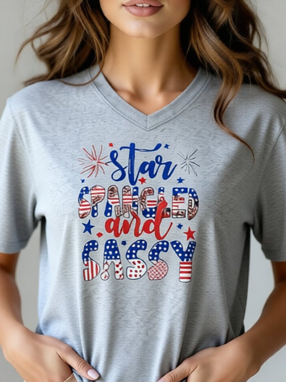NWOT HEATHER GREY POLY BLEND V-NECK STAR SPANGLED & SASSY PATRIOTIC T-SHIRT XL